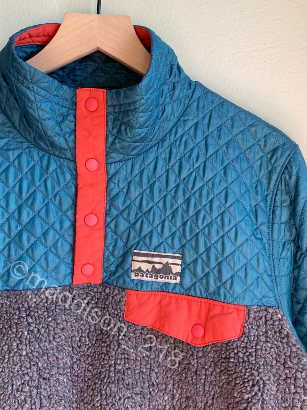Patagonia Mixed Media Snap-T Pullover Large Crater Blue Sherpa Quilted Jacket L - Picture 10 of 15